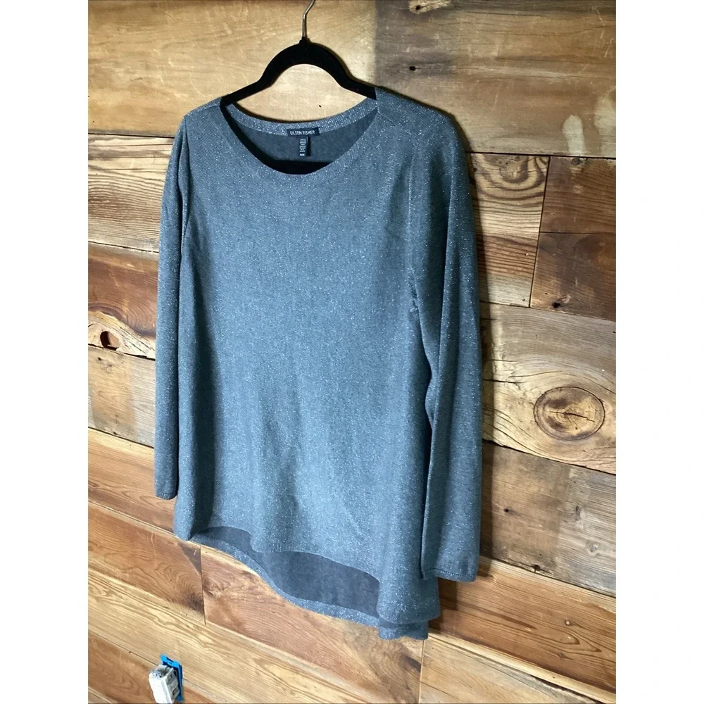 Eileen Fisher Gray Metallic Knit Organic Cotton Blend Long Line Hi-Low M